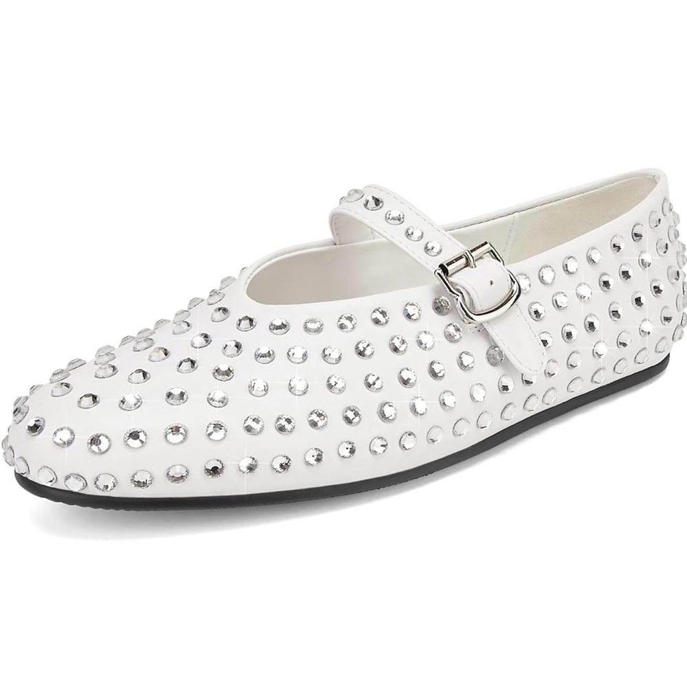 White Rhinestone Mary Jane Ballet Flats